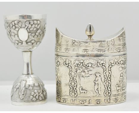 Dutch oval silver tea caddy, with import marks for Sheffield 1899, straight sided, decorated with figurative panels, hinged l