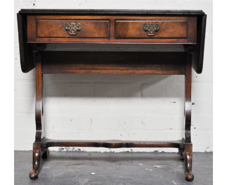 Reproduction walnut sofa table, D-shaped flaps, fitted with two frieze drawers, standard ends, width closed 77cms.