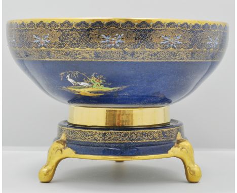 Carltonware powder blue rose bowl on stand, Chinoiserie decoration, diameter 25cms, a powder blue cigarette box and a pair of