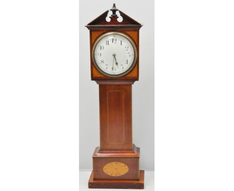 Edwardian mantle clock, designed as a miniature longcase clock, inlaid decoration, white enamelled dial, cylinder movement, 4