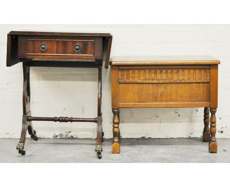 Stained wood coffee table, designed as a sofa table, fitted with a single drawer, width closed 47cms and an oak box seat stoo