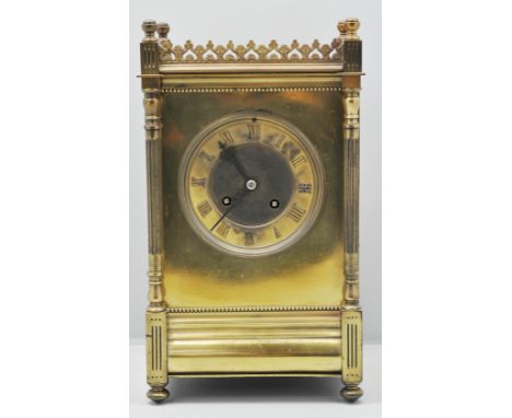 Brass cased mantle clock, with a three quarter gallery, fluted gauged columns, engine-turned chapter ring, cylinder movement,