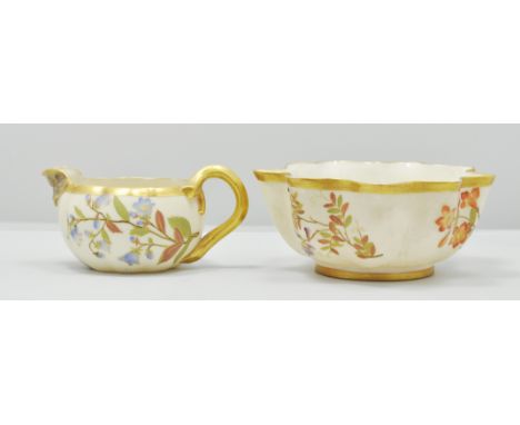 Royal Worcester basin, circa 1880, crimped outline, floral decoration on an ivory coloured ground, width 15cms and a Royal Wo