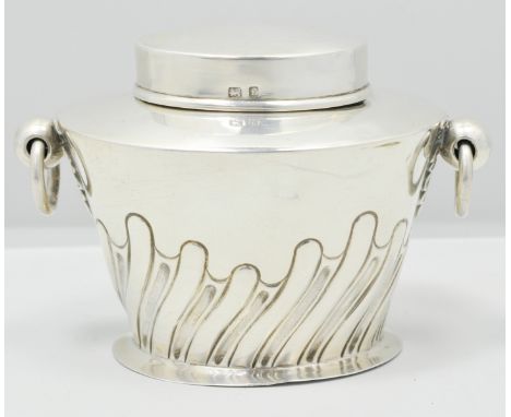 Edwardian oval silver tea caddy, by William Hutton & Sons Ltd, Birmingham 1905, gadrooned form with loose ring handles, 8.5cm