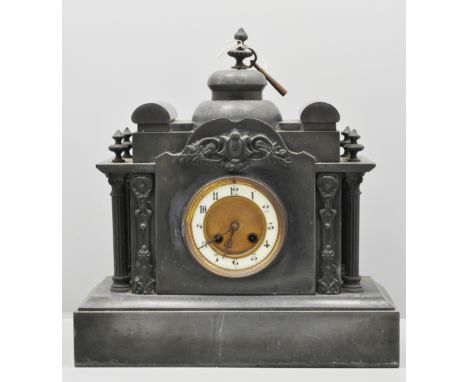French black marble mantle clock, of architectural form, ivorine chapter ring, French cylinder movement striking on a gong, w