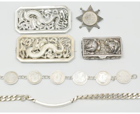 Two Chinese white metal panel shaped brooches, thimbles, white metal snuff box and other jewellery.