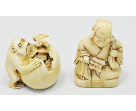 Japanese carved ivory netsuke, probably 19th Century, modelled as a seated figure, 5cms and another netsuke, Monkey and fruit