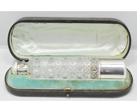Victorian cut-glass and silver mounted cup ended flask, by Sampson Mordan & Co., London 1891, 19cms, (cased).