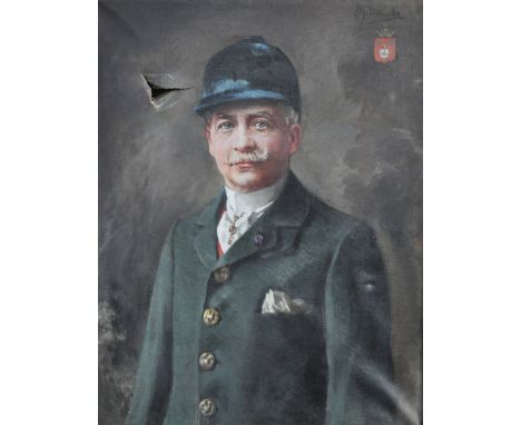 Al Matawowska, Portrait of a Huntsman, half length with armorial, oil on canvas, (damaged), 70 x 53cms.