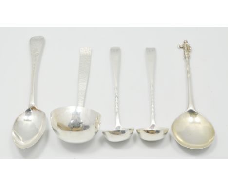 Victorian Scottish silver Marian spoon, Edinburgh 1849, pair of Scottish silver ladles, a Georgian table spoon and a white me