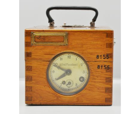 Oak cased Pigeon Racing Clock Recorder, No. 8155, signed Alfred Plasschaert, 19cms, (boxed).