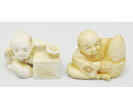 Japanese carved ivory netsuke, probably Mehji, modelled as a crouching figure by a chest, 4cms and another, (2).