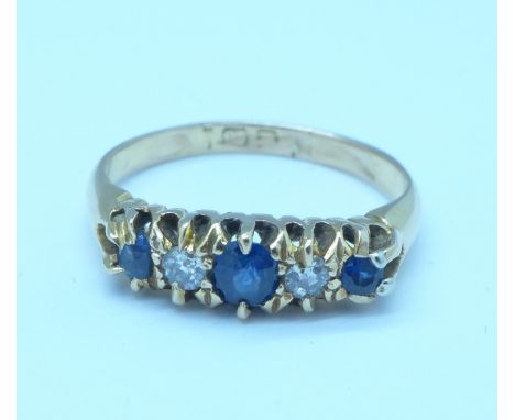 An 18ct gold, sapphire and diamond five stone ring, 3.1g, J