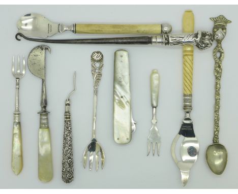 Two silver and mother of pearl forks, other tools including Wilkinson's, etc.