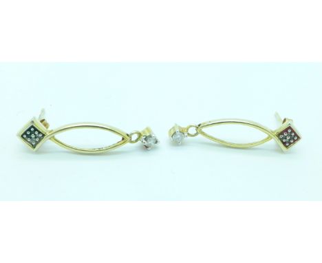 A pair of 9ct gold and diamond earrings, a/f, 1.8g