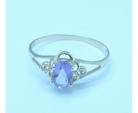 A 9ct gold, amethyst and diamond ring, 0.8g, O