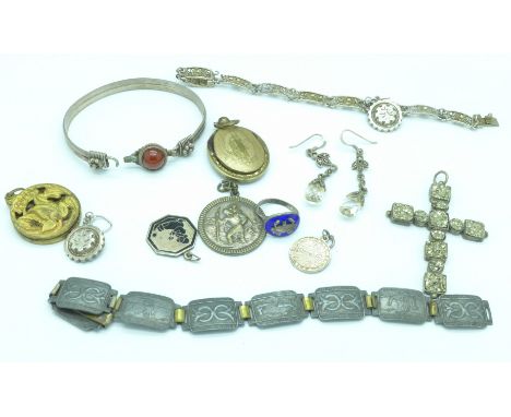 Two bracelets, a cross pendant, a bangle, etc.