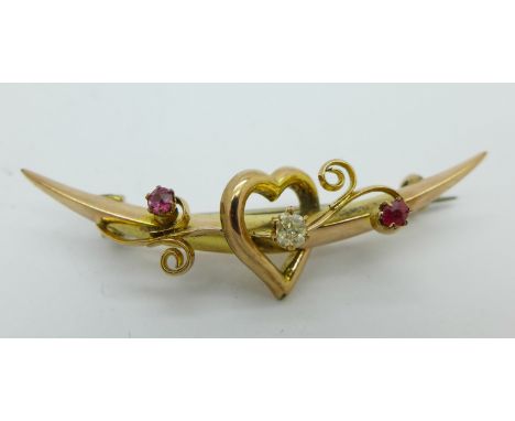 A 9ct gold, ruby and diamond brooch, Chester 1901, 2.3g