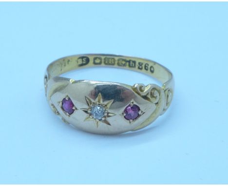 A 9ct gold, ruby and diamond ring, 2.4g, P