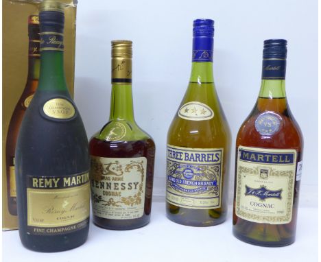 Three bottles of Cognac and a bottle of Three Barrels Brandy