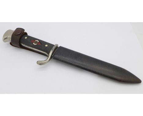 A German WWII youth dagger, with etched blade, the blade also marked Solingen, with scabbard, the scabbard marked with black 