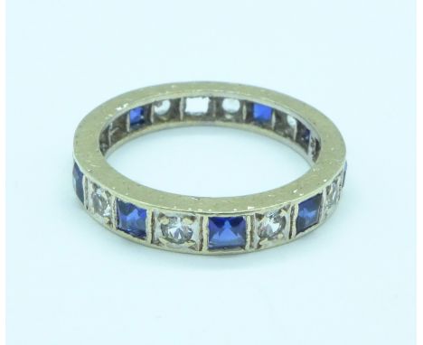 A 9ct white gold, white and blue stone ring, a/f, 2.5g, I