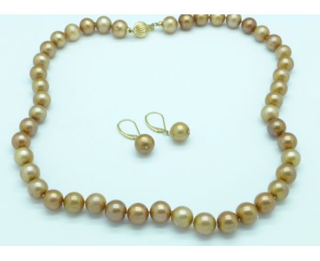 A pair of 14ct gold and cultured pearl earrings and a necklace