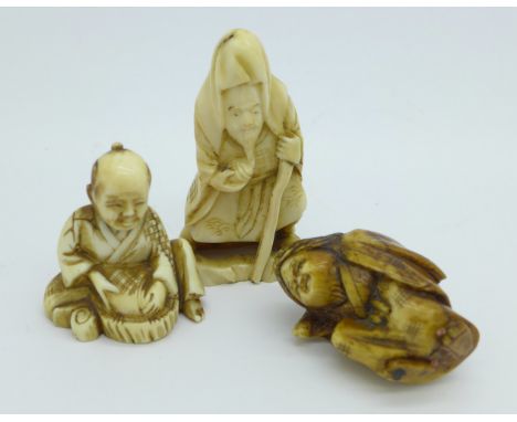 Three ivory netsuke, Meiji period