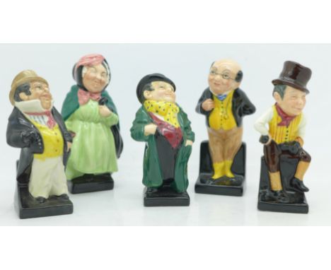 Five Royal Doulton Dickens character figures including Sairy Gamp and Pickwick
