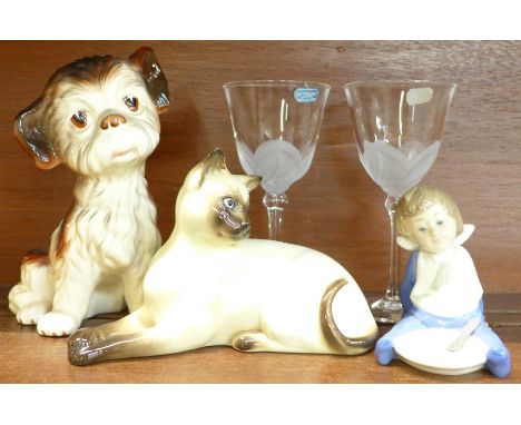 A Beswick Siamese cat figure, a Nao figure, a Melba Ware dog and two glasses, (5)