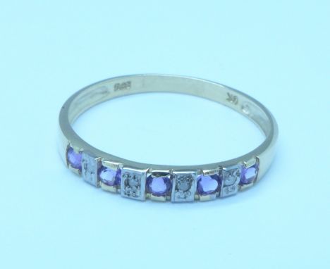 A 9ct gold, amethyst and diamond ring, 1g, O