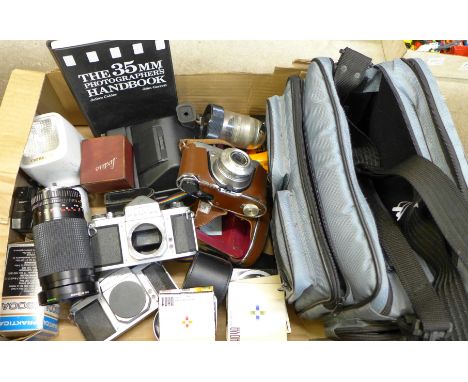 Cameras including two Pentax camera bodies, a Kodak Retinette, Polaroid, two camera lenses including Carl Zeiss Jena and Zoom