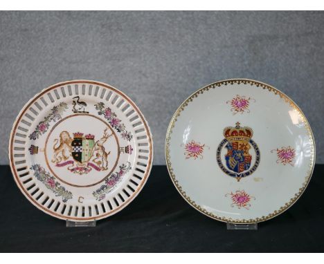 A Chinese porcelain painted armorial ribbon plate; with four character seal mark verso together with a possibly 19th century 