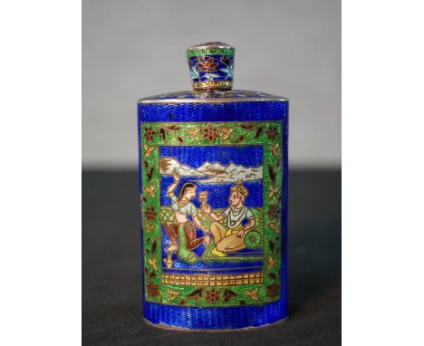 A 20th century Chinese cloisonne and white metal screw topped flask, decorated with panels of figures dancing and drinking, t