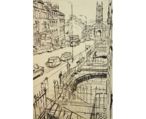 A framed and glazed pen and ink sketch of a highstreet scene, indistinctly signed and dated. H.69 W.56cm. 