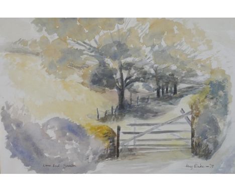 A framed and glazed watercolour of a countryside lane with gate, signed Blake. H.50 W.64cm 