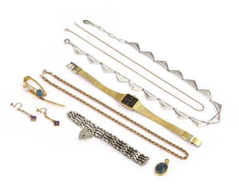 A quantity of jewellery, to include a pair of gold amethyst drop earrings, with screw fittings, tested as approximately 9ct g