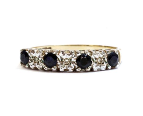 A 9ct gold sapphire and diamond half eternity ring, with alternating eight cut diamonds, grain set to illusion collets, and c