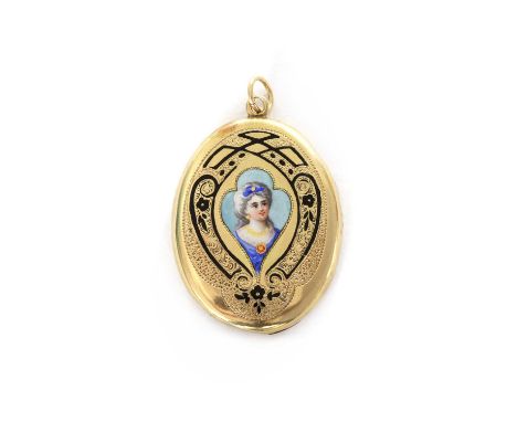 An Austrian oval hinged enamel locket, with a polychrome enamel portrait of a lady to the front cover, with black enamel and 