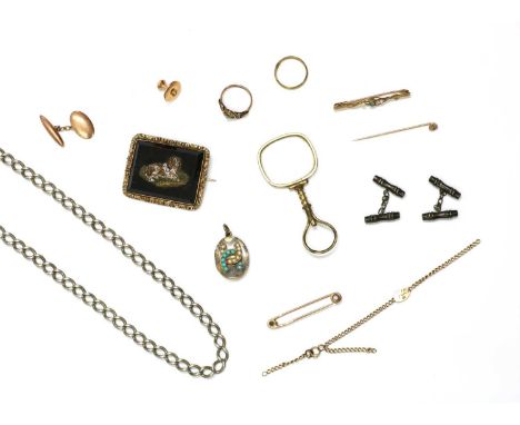 A quantity of jewellery, to include a single 9ct gold cufflink with chain link and torpedo fitting, Birmingham 1909, a 15ct g