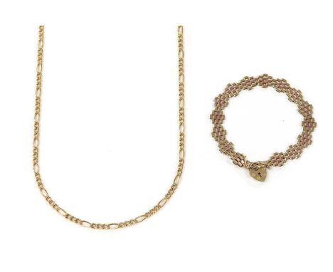 A 9ct two colour gold gate bracelet, with central rose gold links and outer yellow gold links, to heart shaped padlock clasp 