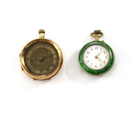 A gold pin set open-faced fob watch, damaged, 34mm diameter, with engraved case and metal cuvette, case marked 14k, 23.47g, t