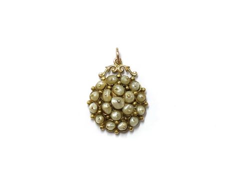 A gold pearl pendant, with a cluster of drilled pearls, peg and bead set, to later backplate, soft soldered, scroll top mount