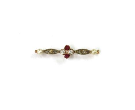 A gold and silver, ruby, diamond and split pearl bar brooch, with a split pearl grain set to the centre, to quatrefoil surrou