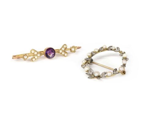 A 9ct gold amethyst and split pearl brooch, 46mm long, 2.69g, together with a gold pearl and diamond wreath brooch, tested as