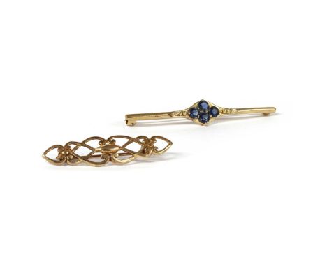 A 9ct gold sapphire quatrefoil brooch, with pin and roller catch, possibly London, 56mm long, together with a 9ct gold pierce