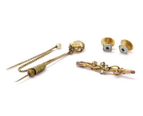 A quantity of jewellery, to include a pair of gold mother-of-pearl and sapphire set dress studs, with screw fittings, tested 