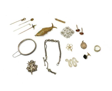 A quantity of jewellery, to include an Austrian silver black enamel and split pearl bangle, some scratches/chips to enamel, 1