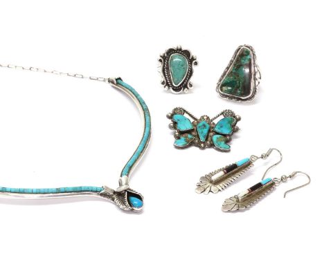 A quantity of American Southwest Indian Jewellery, to include a silver turquoise set necklace by Royce 'Eagle Boy' Kohlmeyer,
