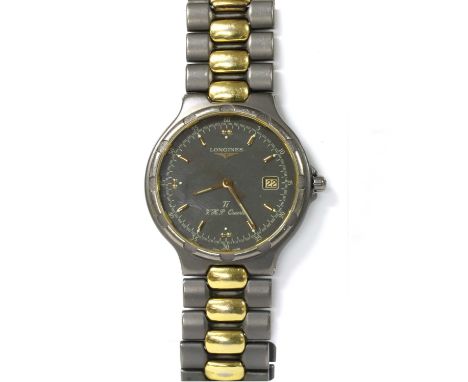 A gentlemen's titanium and gold-plated Longines 'Conquest' quartz bracelet watch, reference 4026, 35mm diameter, with a grey 